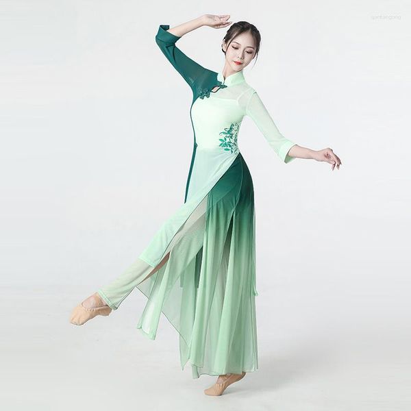 Bühnenkleidung, klassisches Tanzkleid für Damen, elegant, Training, Körpercharme, Stretch-Gaze, chinesischer Fächer, Cheongsam