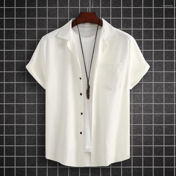 Camisas casuais masculinas moda camisa branca botão para baixo linho para homens manga curta regular ajuste praia de algodão com bolso