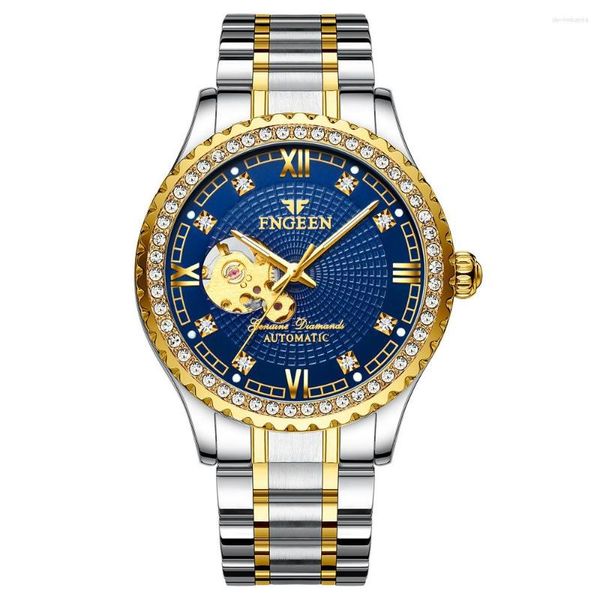 Нарученные часы Fngeen Fashion Brand Gold Blue Automatic Watch Men Skeleton Механические часы.