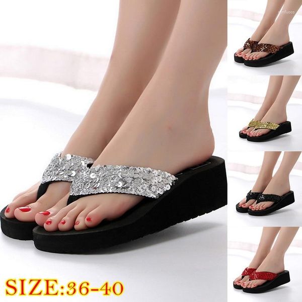 Hausschuhe Comemore Strand Pailletten Bling Schuhe Sommer Sandalen Frauen 2023 Keile Plattform Slipper Weibliche Designer Flip-Flops