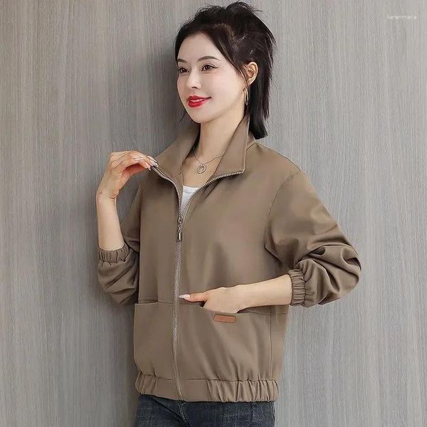 Jaquetas femininas Double-deck tem forro jaqueta curta mulheres primavera outono fino top casaco senhora windbreaker stand-up colarinho zíper outerwear