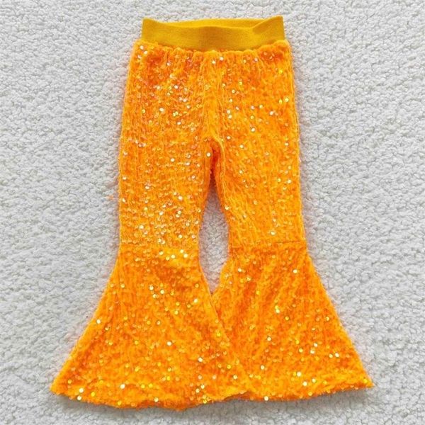 Pantaloni all'ingrosso Kid Glitter Abbigliamento Neonata Bambino Real Paillettes Morbido e confortevole Fodera per bambini Pantaloni a campana arancione 230828