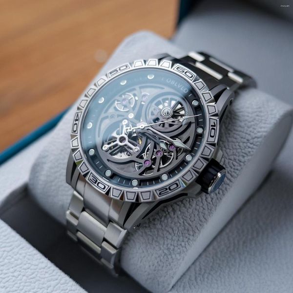 Armbanduhren OBLVLO Luxus Männer Edelstahl Hohl-Out Mechanische Uhren Designer Skeleton Zifferblatt Automatische Selbst Wind Wasserdichte Uhr LMS