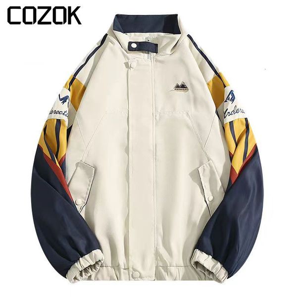 Jaquetas masculinas americanas gola jaqueta casaco homens primavera harajuku retalhos impressão colorida unisex moda oversize uniforme de beisebol 230829