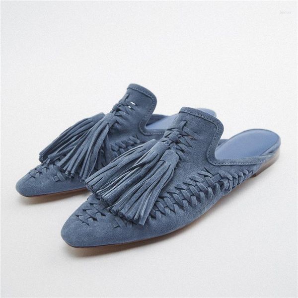 Chinelos azuis para mulheres franjas planas mulas ocas borlas senhoras sapatos de praia luxo camurça sandálias gladiador verão 2023