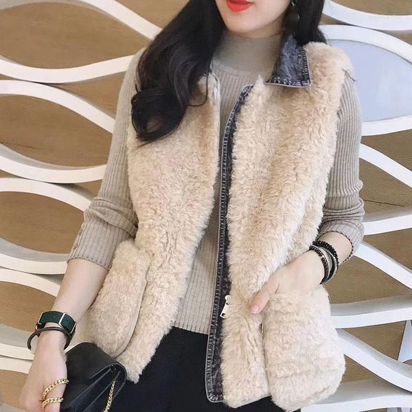 Damenwesten Denim gespleißt Lammhaar Frauen kurze Vintage-Mode koreanische elegante verdickte Mantel Winter Dame lässig warme ärmellose Jacke