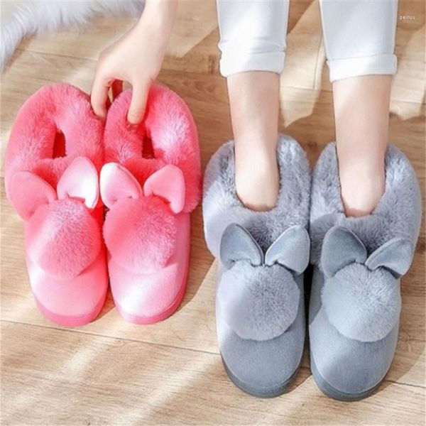 Chinelos inverno quente para mulheres prático algodão sapatos internos feminino chão orelha bonito
