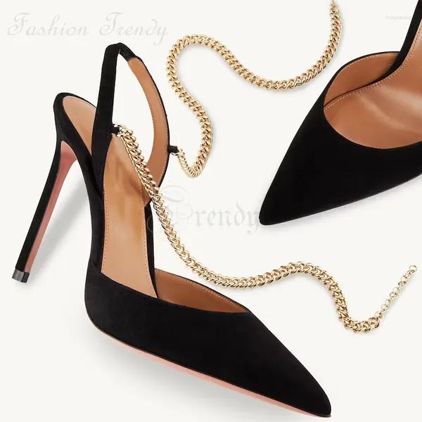 Sandálias Black Velvet Sexy Chain Saltos Mulher Apontou Toe Gold Tassel-Tie Bomba Slingback Lace Up Elegant Bling Office Dress Shoes