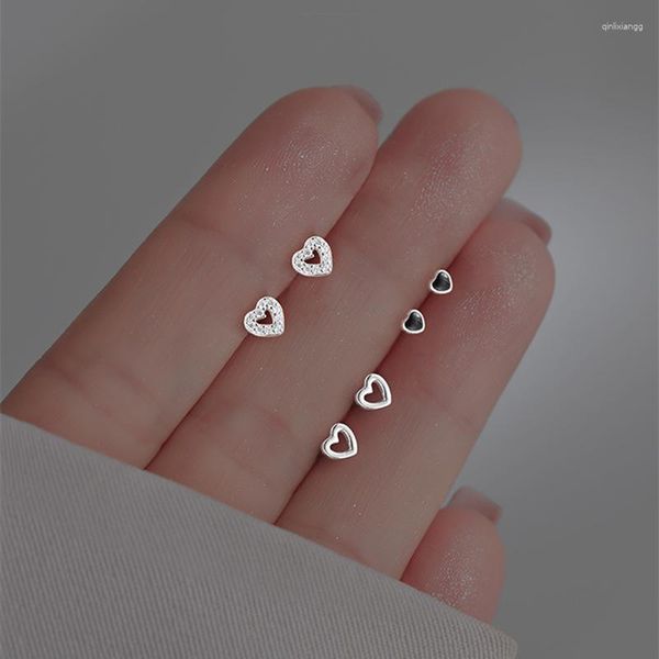 Brincos de garanhão na moda preto S925 prata esterlina pequeno coração para mulheres diamante orelha jóias finas presentes de festa