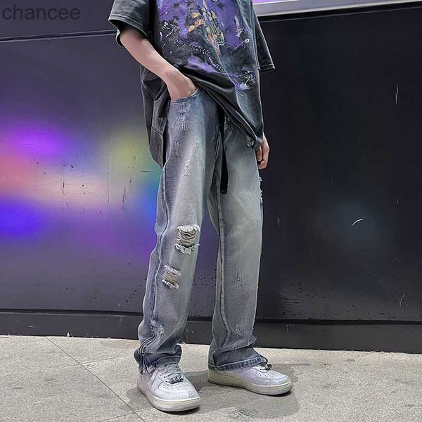 2022 Jeans da uomo con cerniera strappata larghi Homme di buona qualità Pantaloni casual di tendenza della moda Biker Denim Pantaloni di colore blu / bianco S-2XL HKD230829