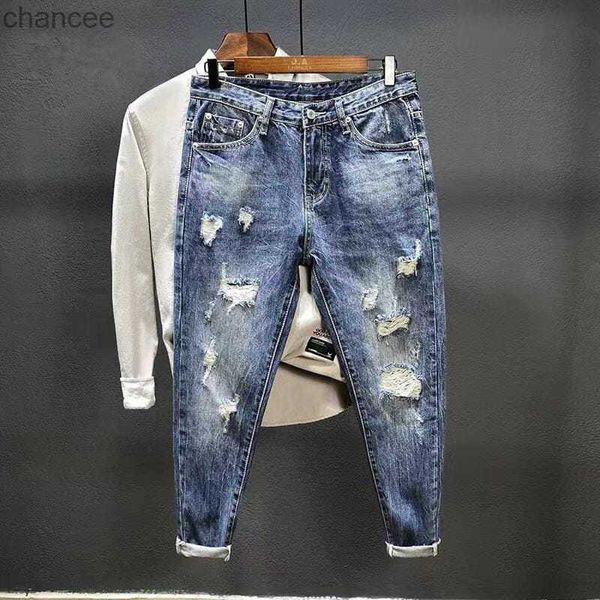 Calças de cowboy masculinas rasgadas com impressão rasgada buracos quebrados calças gráficas estéticas cônicas harajuku clássico buggy xs jeans para homens hkd230829