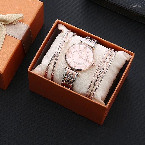 Начатые часы Sdotter 3pcs/Set Gift Box Watch для женщин, часы, браслет, набор дам платье модные розы