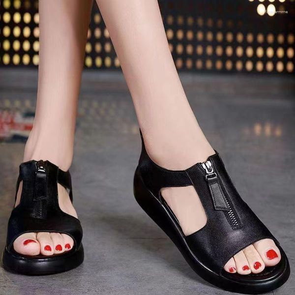 Sandalet kadın klasik siyah yaz orijinal deri ayakkabı platformu rahat yüksek topuk