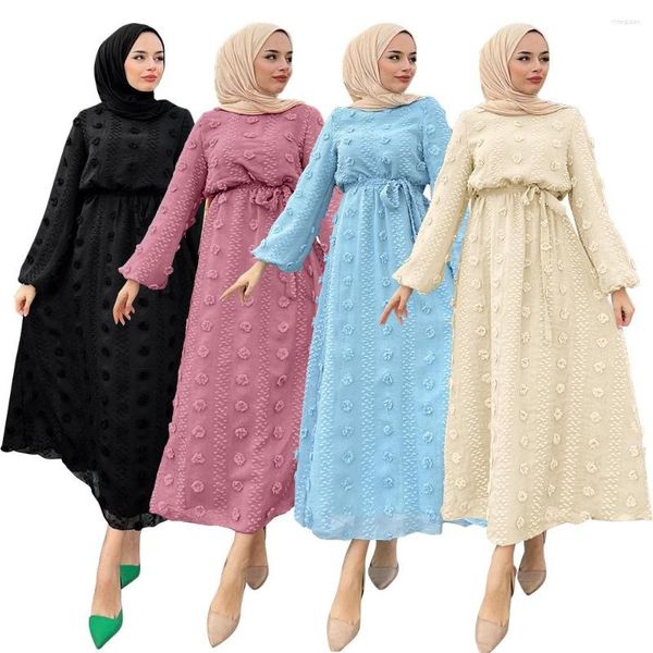 Roupas étnicas Verão Elegante Mulheres Muçulmanas Manga Longa O-pescoço Poliéster Preto Rosa Azul Vestidos Moda Abaya Sem Lenço