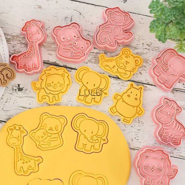 8 unidades / conjunto Cortadores de biscoitos de animais florestais de plástico 3D dos desenhos animados Molde de biscoito pressionável Selo de biscoito Cozinha Baking Pastelaria Bakeware Ferramenta HKD230828