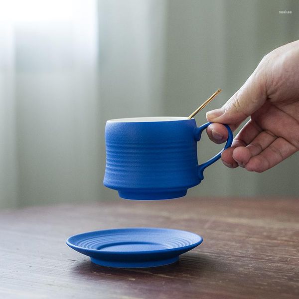 Tassen Keramik gestreift blau Kaffee Haushalt handgemachte Tasse japanische und Untertasse Löffel Set Büro exquisite Tee 200ml