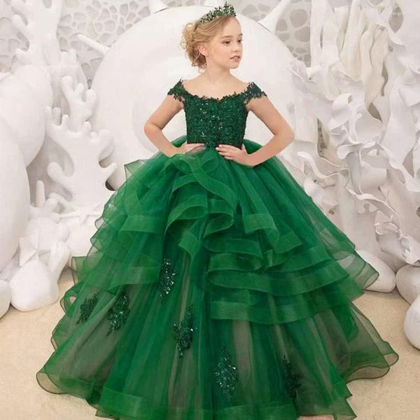 Abiti da ragazza Abito a fiori Abito verde a strati soffice in tulle con perline Matrimonio Elegante bambino Prima celebrazione eucaristica