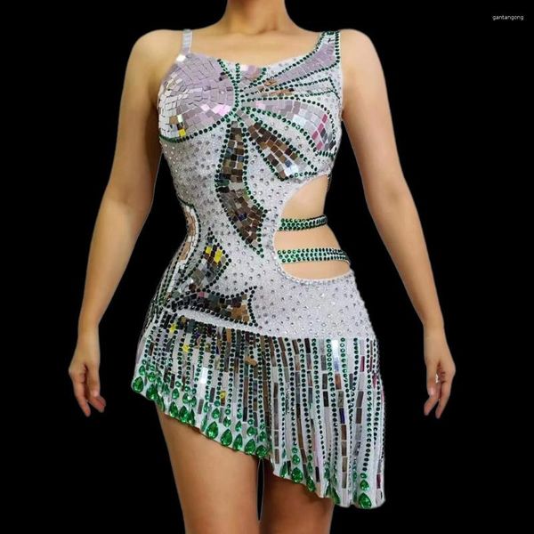 Stage Wear Spaghetti Strap Brilhante Espelho Lantejoulas Cristal Verde Strass Oco Out Sexy Mulheres Vestido Nightclub DJ Prom Party Pano