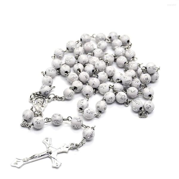 Collane con ciondolo Collana con perline di rosario inciso di colore bianco da 8 mm per donne Uomini Gioielli religiosi di preghiera con croce cristiana