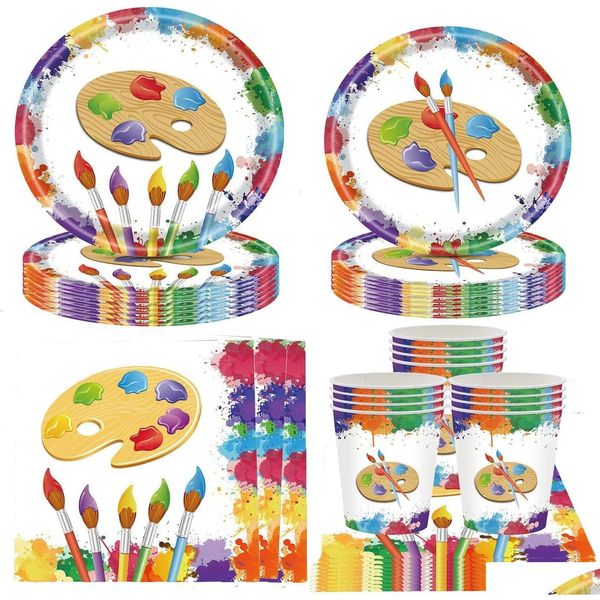 Talheres descartáveis Colorf Placas de papel Arco-íris e guardanapos Fontes de festa Baby Shower Art Painting Conjunto de aniversário serve 20 convidados Dor DHP05