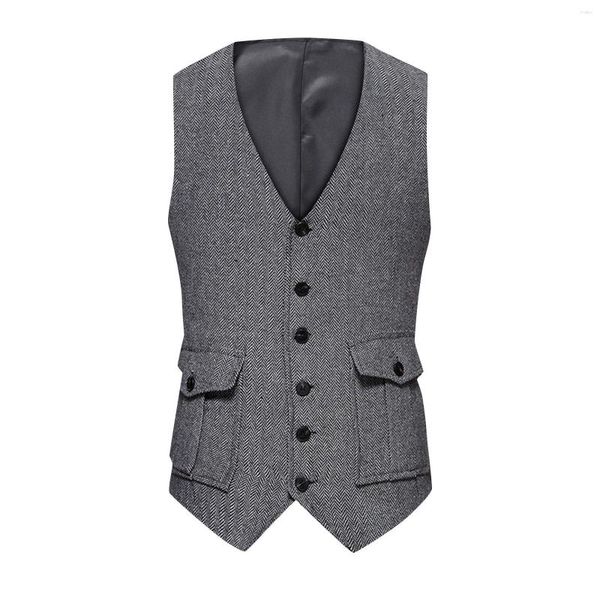 Coletes masculinos terno formal colete retro v-pescoço colete único breasted tweed espinha de peixe masculino vestido de negócios