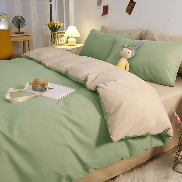 Yatak Setleri Yıkanmış Pamuklu Dört Parçalı Set Düz Renkli Yatak Keten Yorgan Kapağı 4 Parçalı Basit Yurt Üç Parçası