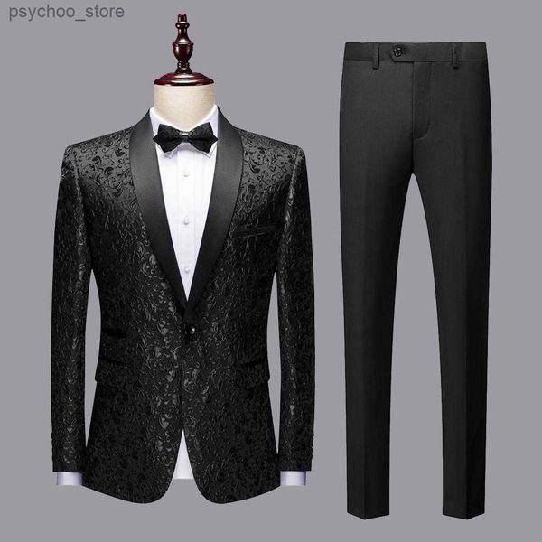 Zweireiher Schwarz Gold Floral Jacquard Slim Fit Herren Anzüge Hochzeit Bräutigam Smoking Party Jacke Hose Terno Masculino Q230828