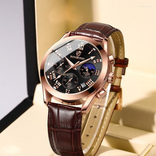 Нарученные часы Binbond Кожаный ремешок часы для мужчин большой циферблат Ultrathin Hand Clock Timing R Фаза водонепроницаемые кварцевые часы.