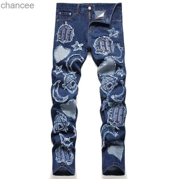 Outono masculino azul clássico jeans cintura média fino bordado denim lápis calças hip hop rasgado roupas de moda hkd230829