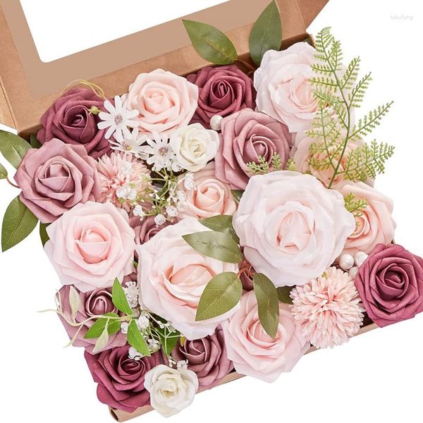 Flores decorativas conjunto de caixa artificial flor de seda rosas de espuma com hastes para buquês de casamento diy peças centrais festa decorações para casa