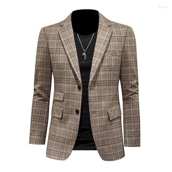 Ternos masculinos 2023 primavera colorblock xadrez cáqui blazer masculino fino casual homem blazers casamento festa de negócios roupas vestido casacos 5xl