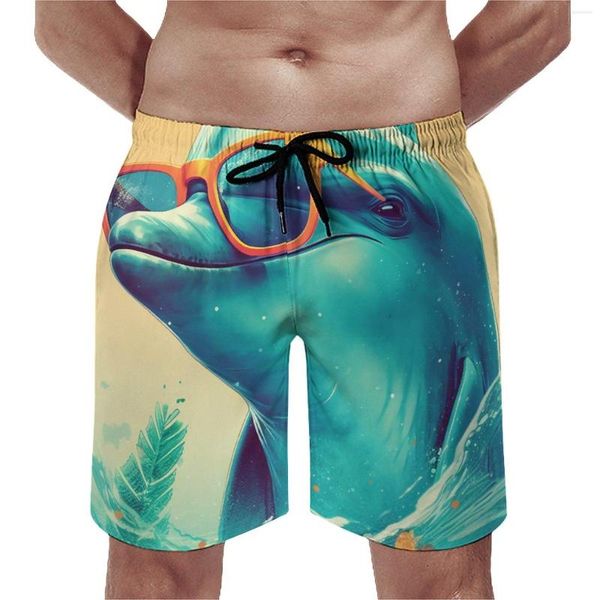 Erkek şort yunus tahtası yaz grafik illüstrasyonu güneşli plaj güneş gözlüğü eğlenceli sörf hızlı kuru desen yüzme gövdeleri