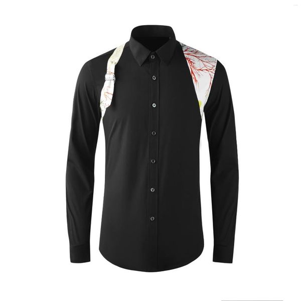 Camisas casuais masculinas de alta qualidade jóias de luxo impresso personalidade cinta costura contra cor ferramentas manga longa camisa