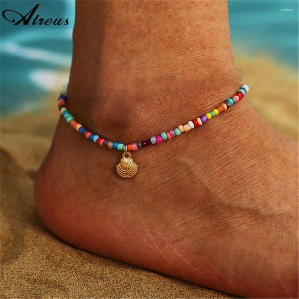 Tornozeleiras 1 PCS Bohemian Colorido Arroz Beads para Mulheres Shell Tornozelo Pulseira Verão Praia Barefoot Cadeia Perna Jóias Presentes