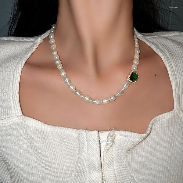 Catene Perle d'acqua dolce naturali Trendy Green Square Crystal 14K Gold Filled Collana a catena da donna Gioielli per regali da donna