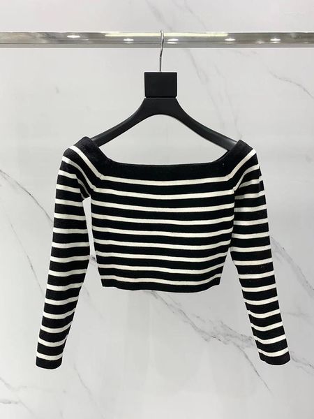 Suéteres femininos moda lã sexy fora do ombro slash neck suéter para mulheres 2023 outono de alta qualidade preto branco listrado magro colheita jumper