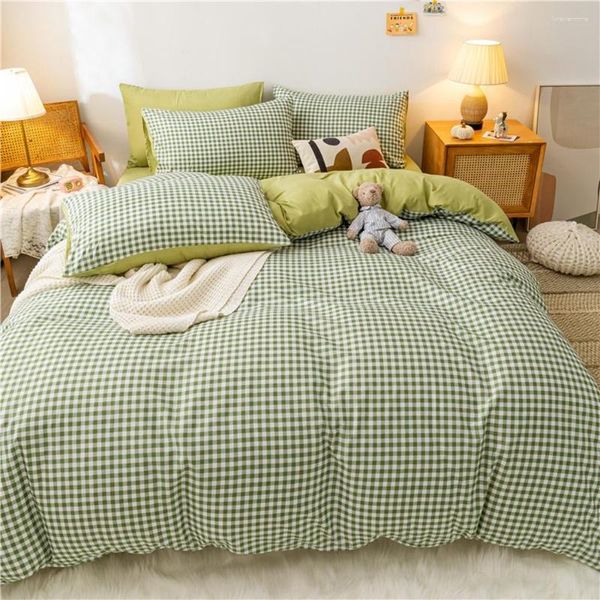 Bettwäsche-Sets Green Grid 4-teiliges Set Quilt-Cartoon-Bettbezug Lucky Clovers und Plaid Reversible Bettwäsche Luxus-Heimtextilien