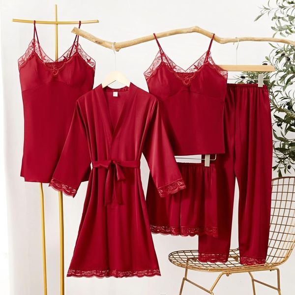 Kadın pijama 5 adet kadın bordo bornoz pijama setleri m-xxl dantel trim ilkbahar yaz kimono bornoz salonu gecelik ev kıyafetleri