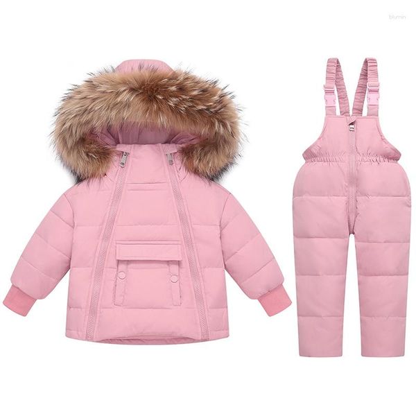Conjunto de 2 peças de casaco para baixo, jaqueta de inverno para bebês meninas, macacão grosso para crianças, parkas de pele quente, macacão infantil, meninos e meninas, traje de neve de 2 a 5 anos