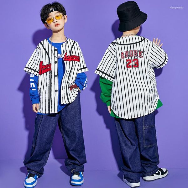 Set di abbigliamento Ragazzo adolescente Primavera Abiti Hip Hop Gilet a righe bianco Felpa con stampa di lettere Jeans blu dritti Bambini Streetwear Sport