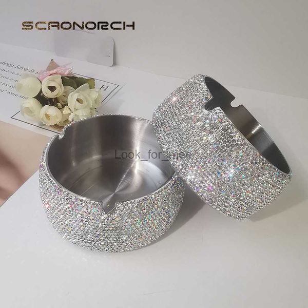 Cinzeiro redondo de aço inoxidável para cigarro, cinzeiro com strass brilhante, cristal portátil, bandeja de cinzas de metal prateado, presente para namorado hkd230828