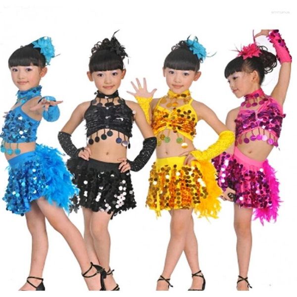 Palco desgaste trajes infantis crianças meninas crianças roupas de dança latina samba vestidos de penas de salão de baile lantejoulas
