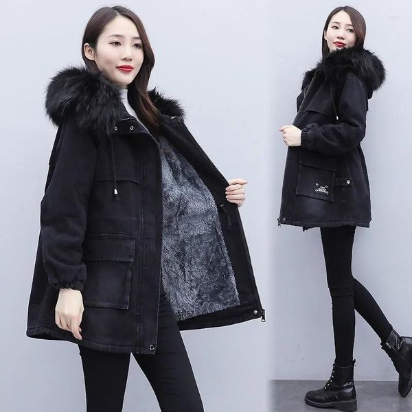 Trench da donna Giacca di jeans nera Donna Plus Velluto caldo Parka Cappotto invernale Capispalla coreano allentato con cappuccio con collo in pelliccia Donna Casual