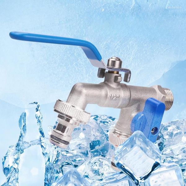 Rubinetti per lavandino del bagno Uscita doppia maniglia blu Rubinetto per acqua in ottone con un ingresso Valvola ad apertura rapida con adattatore per connettore tubo