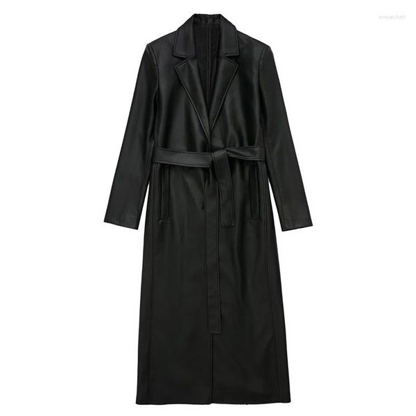 Casacos de trincheira femininos jaquetas primavera 2023 blusão casaco roupas coreia elegante longo decote em v couro pu inverno
