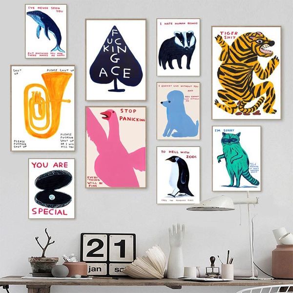 Pinturas David Shrigley Tiger Baleia Shell Cat Wall Art Nordic Poster Imprime Pintura de Lona Fotos para Living Room Decor 230828