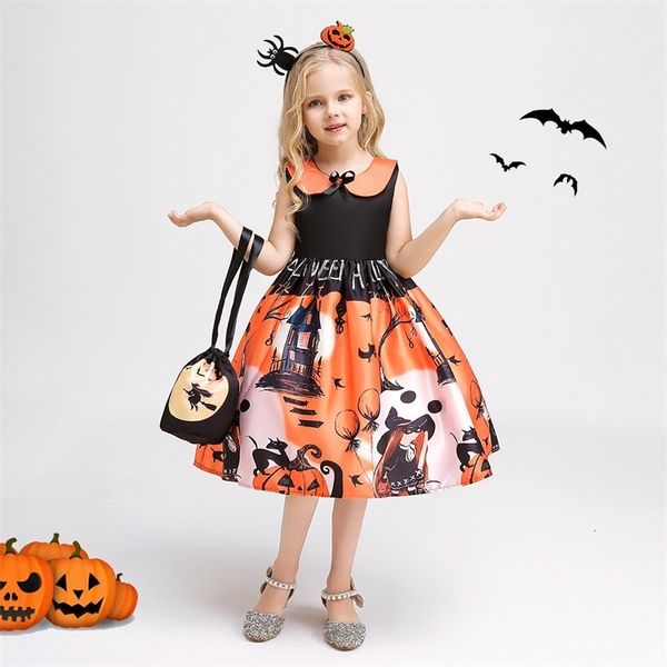 Vestidos da menina crianças bruxa traje halloween cosplay vestido dos desenhos animados abóbora fantasma padrão masquerade carnaval festa até meninas roupas 230828