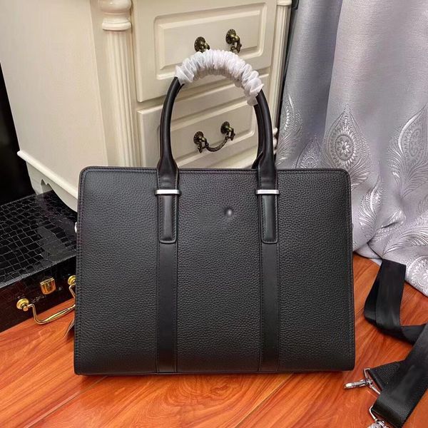 Pasta masculina de couro puro preto de tecido liso, bolsa mensageiro, bolsa para laptop, bolsa de escritório comercial, bolsa transversal, bolsa de viagem, bolsa de ombro