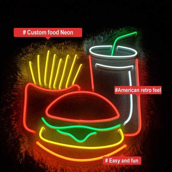 Personalizzato Fast Food Neon Sign Indoor Outdoor Hamburger Hotdog Pizza Gelato Caffè LED Pubblicità Business Segnaletica Negozio Decorazione della parete HKD230825