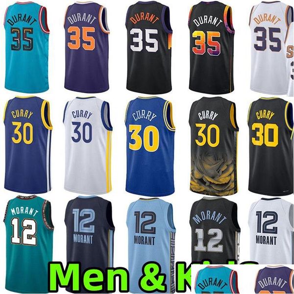 Yoga kıyafeti 2023 Stephen 30 Curry Basketbol Formaları Erkekler Gençlik Çocuk Forması 35 Kevin Durant 12 Ja Morant City Wear 75. Baskı Drop Dhyl1